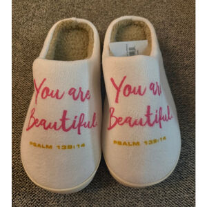 You Are Beautiful Inspirational Slippers Psalm 139:14 White Pink Size 9/10 NWT